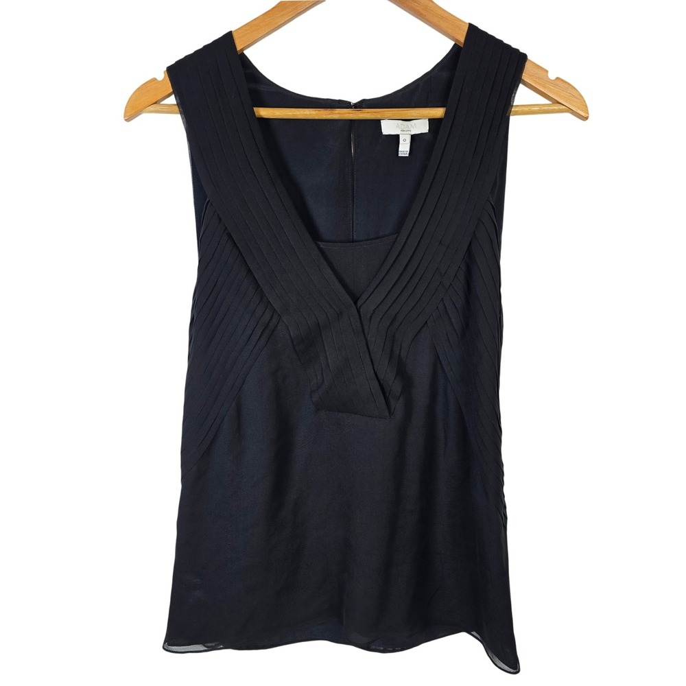Adam Lippes Black Silk Pleated V‎ Neck Sleeveless Top Tank Size 0